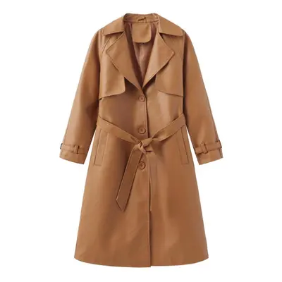 (camel, M) Women's Coats Faux Leather Lapel Windbreaker Pu Loose Three Row Button Trench Coat Cl