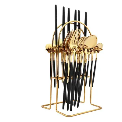 (black,gold) 24pcs Mirror Western Cutlery Set With Luxury Cutlery Storage Rack Include Knife For