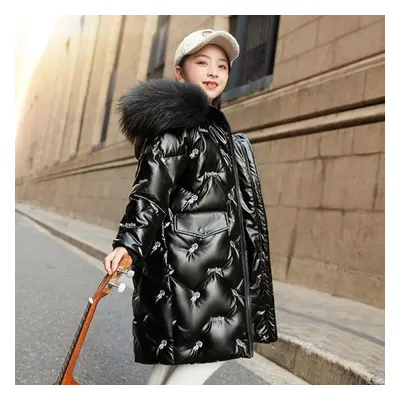 (black, 120) Thicken Jackets Baby Girl Plush Hooded Outerwear Kids Winter Glossy Coats Children 