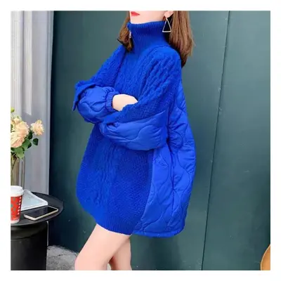 (One Size, blue) Dimanaf Winter Oversize Women Sweaters Patchwork Wadded Zipper Coat Pullover Kn