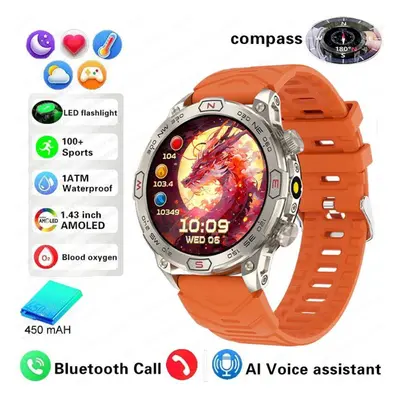 (orange, Silicone strap) New Outdoor Military Gps Smart Watch Men Amoled Hd Screen Heart Rate Bl