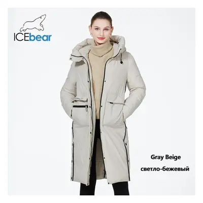 (anti-flash white, 50) Icebear Winter Women Jacket Long Cotton Big Pockets Ladies Windproof Coat