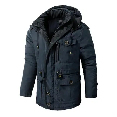 (blue, M) Men Warm Jacket Winter Parka Hooded Windbreaker Cotton Padded Thick Coat Male Slim Fit