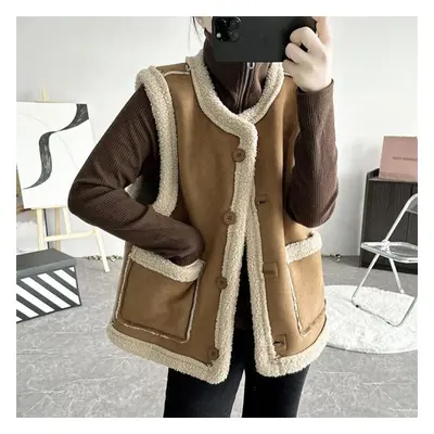 (khaki, L) Double-sided Vest Women&apos;s Vintage Sheepskin Fur Vest Reversible Waistcoat Autumn