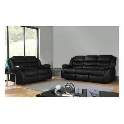 (2 Seater + Seater Sofa) Black Recliner Sofa Leather bonded Reclining Lazyboy Sofa Suite Sofas C