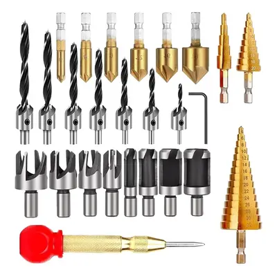 26-Pack Woodworking Chamfer Drilling Tools Drill Bits Set Wood Plug Cutter Three Pointed Counter