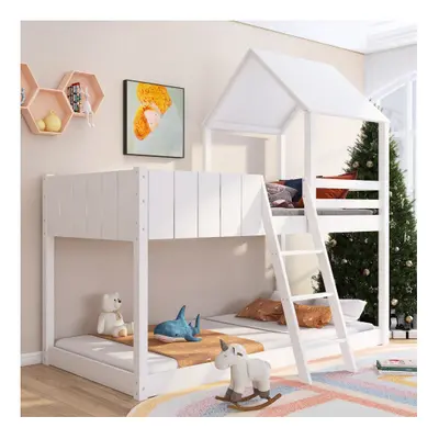 3 FT Single Treehouse Canopyï¼Wooden Bunk Bed, Loft Bed with Ladder and Guard Rail (White-90*19