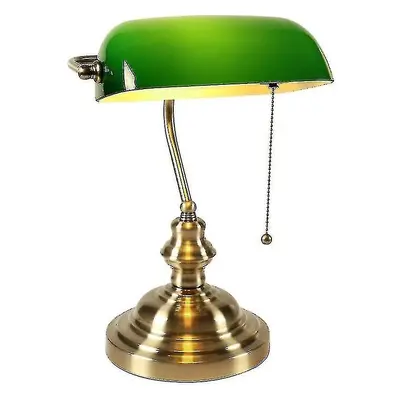 Glass Bankers Desk Lamp With Pull Chain Switch Plug In Fixture (green)