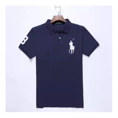 (Navy & white, M) Men's Custom Fit Polo Shirt Cotton Short Sleeve Large Pony Polo Top