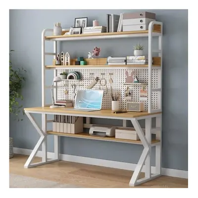 FAANAS Computer Desk with Storage Shelves & Pegboard, Solid Wood Writing Desk Large Study Writin