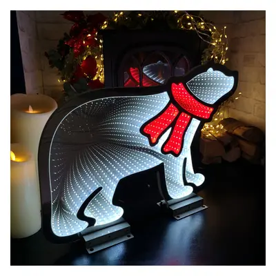 60cm Infinity Light up Christmas Polar Bear & Scarf Decoration with White & Red LEDs on Metal Ba