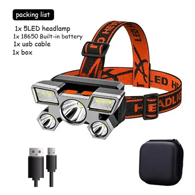 (E Packing) 5LED with Built-in Battery USB Rechargeable Portable Flashlight Lantern Headlamp Out