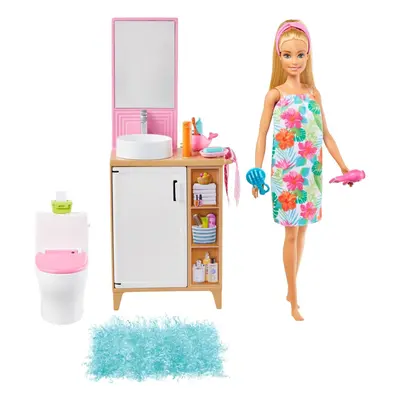 Barbie Doll and Bathroom Furniture Playset with Barbie Doll 11.5-inch Blonde Toilet Vanity and A