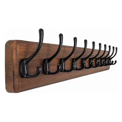 (1 Item-10 Hooks, Brown Plate & Black Hook) Farmhouse Style Wall Mounted Coat Rack, Pine Solid W