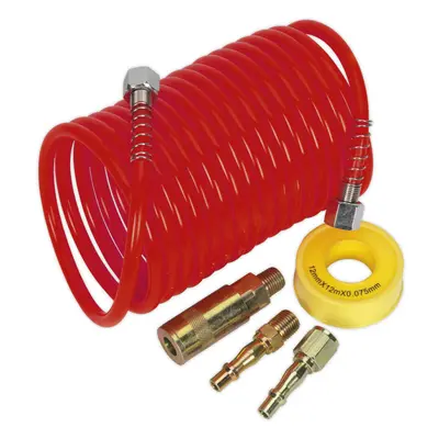 5m PU Coiled Air Hose Kit - 1/4 Inch BSP Unions - Quick Release Coupling Kit