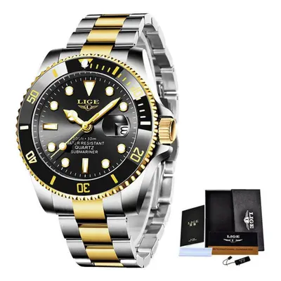 (Gold Black) Lige Luxury Fashion Divers Men Watch