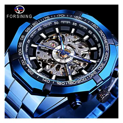 (blue) Forsining Stainless Steel Waterproof Mens Skeleton Watches Top Brand Luxury Transparent M