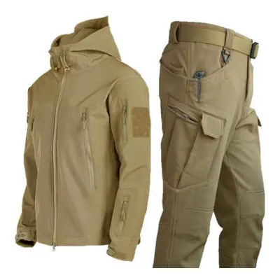 (khaki, M) Military Shark Skin Soft Shell Suits Men Tactical Windproof Waterproof Jacket Men Arm