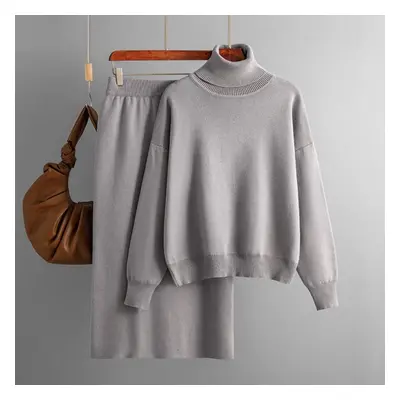 (khaki, One Size) Autumn And Winter Women&apos;s Knitted Sweater Set Solid Color High Neck Long 