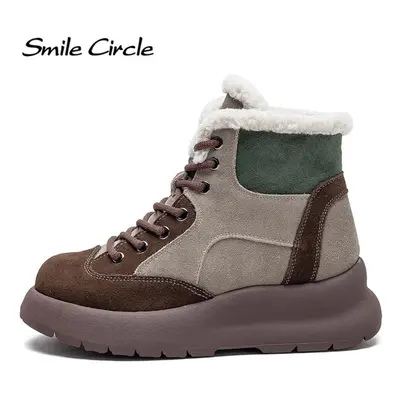 (grey, 38) Genuine Leather Women Snow Boots Plush Colour Blocking Thick Bottom Boots Vintage Fas