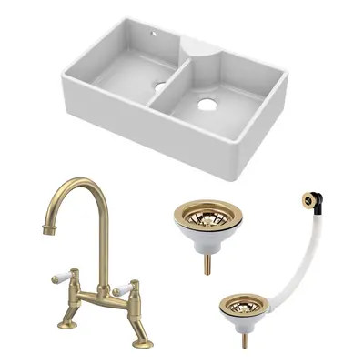 Fireclay Kitchen Bundle - Double Bowl Stepped Weir Butler Sink, Wastes & Bridge Lever Tap, 895mm