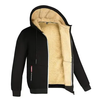 (black, 3XL) Lamb Velvet Autumn And Winter Sweater Men&apos;s Hooded Solid Color Jacket Plus Vel