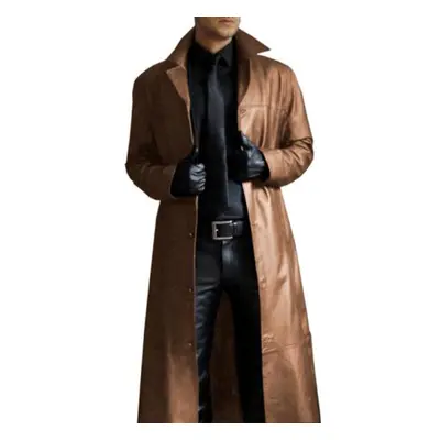 (khaki, M) God Temperament Solid Color Trench Style Men&apos;s Fashion Slim Long Leather Jacket 