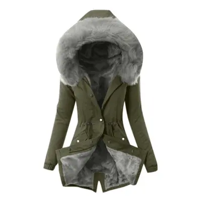 (army green, XL) Ladies Coat Womens Winter Warm Thick Long Jacket Hooded Overcoat