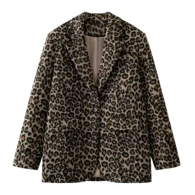 (leopard, L) Leopard Print Suit Blazer Women Coat Casual Notched One Button Long Sleeve Female J