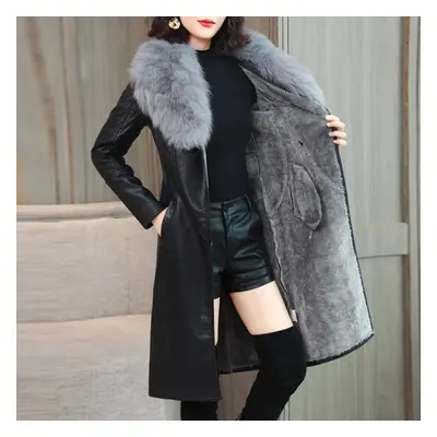 (grey, XL) Women&apos;s Leather Jacket Winter Women&apos;s Coat With Fur Fox Collar Warm Slim Pl