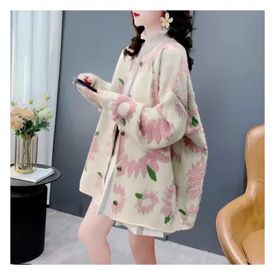 (One size, pink) Dimanaf Sweaters Flower Coat Cardigan Autumn Women Print O-neck Pink Sweaters K