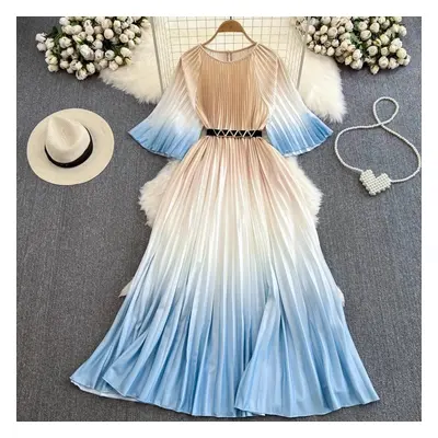 (blue, One Size) Summer Elegant Gradient Color Printed Miyake Pleated Dress For Women Half Sleev