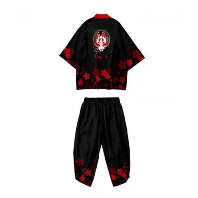 (black, XL) Newest Fashion Men&apos;s Japanese Kimono Short Sleeve Shirt Fox Mask Retro Loose Su