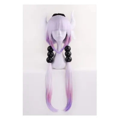 Anime Cosplay Wig Long Purple White Mixed Gradient Hair Synthetic Wigs+6 Balls+Horn+Tail