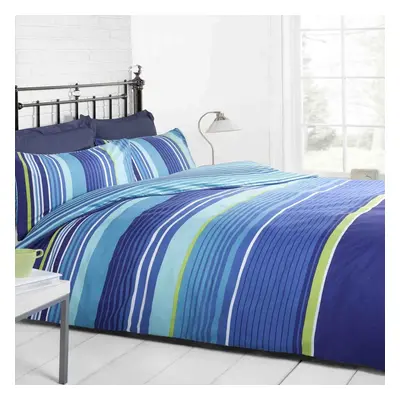 (Double) Navy Light Blue Green and White Striped Teen Double Duvet Cover Bedding Bed Set