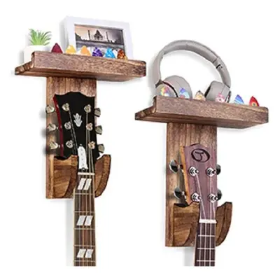 Pack Guitar Wall Hanger, Mount With Shelf, Hanger Pick Holder, Wooden Hanging Holder For Acousti