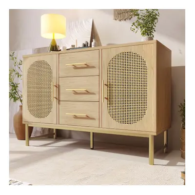 (with Doors Drawers) Rattan Sideboard Storage Cabinet with Metal Handleï¼Oak