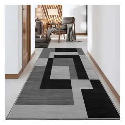 (80x300 cm- Large Runner Rug/Carpet, MILO BLACK GREY) Non-Slip Area Rugs Printed Geometric Carpe