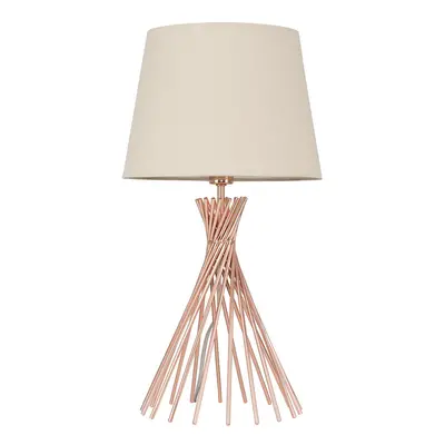 Modern Copper Metal Wire Twist Design Table Lamp with a Beige Tapered Light Shade - Complete wit