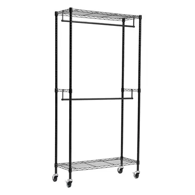 (Black, Double) Double Rod Garment Rack / Clothes Rail with Height-Adjustable Shelves - 181kg Ma