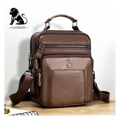 (light brown) Laoshizi Genuine Leather Men&apos;s Crossbody Shoulder Bags Split Leather Handbag 