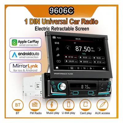 (black) Inch Retractable Screen Car Radio Wired Carplay And Wired Android Auto 1din Universal Mu