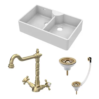 Fireclay Kitchen Bundle - Double Bowl Stepped Weir Butler Sink, Wastes & French Classic Tap, 895