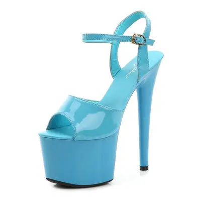 (blue, 38) Sexy 17cm High Heel Sandals Patent Leather Platform Stiletto Shoes For Women Colorful