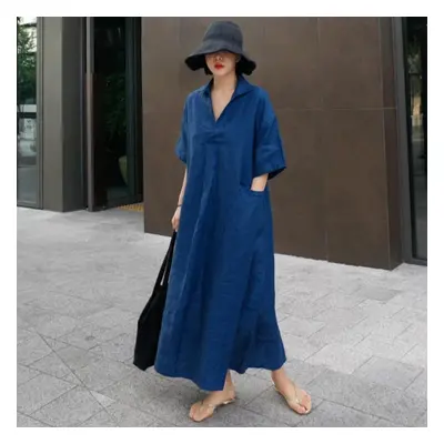 (blue, S) Johnature Women Cotton Linen V-neck Solid Color Robes Dress Summer Simple Short Sleeve