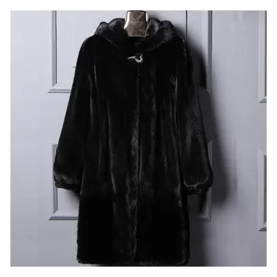 (black, XS) Autumn And Winter Fur Coat High Imitation Mink Coat Women&apos;s Long Hooded Casual