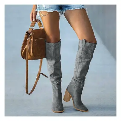 (gray, 35) Sagit Women Fashion Casual Vintage Retro Long Knee-high Cowboy Boots Square Heel Shoe