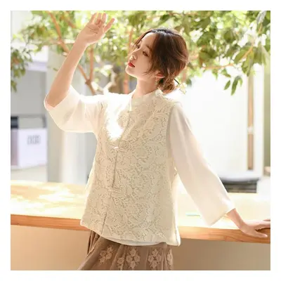 (white, M) Johnature Women Cotton Embroidery Coats Stand Button Spring Solid Color Vintage Butto