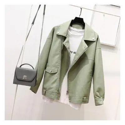 (light green, L) Autumn Faux Soft Leather Pu Jacket Women Loose Punk Coat Female Turndown Collar