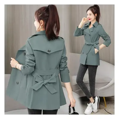 (dark green, L) Spring Autumn Trench Coat Women Clothes Slim Long-sleeved Short Windbreaker With